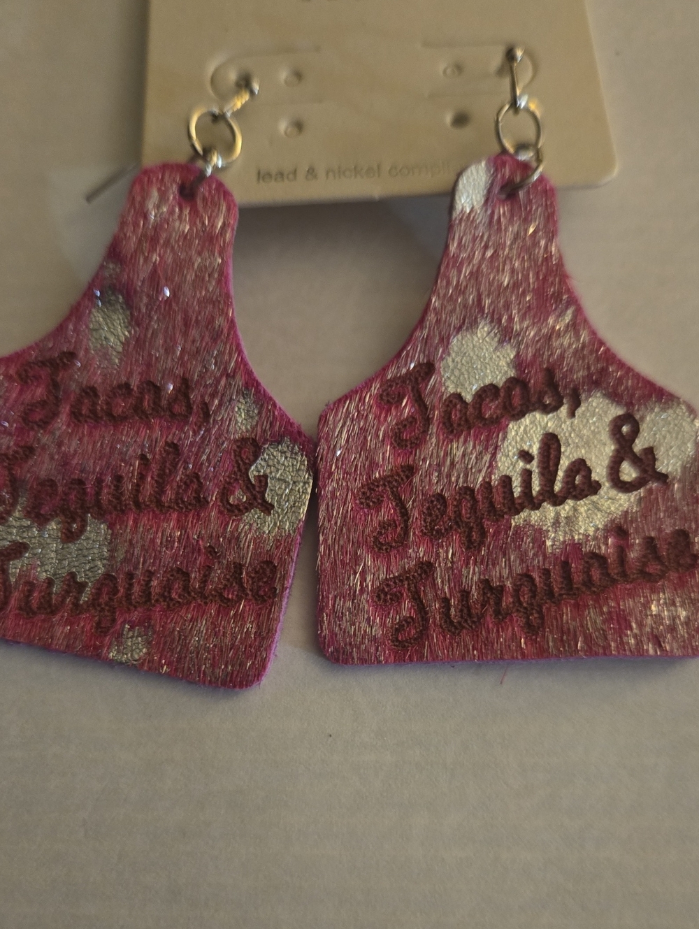 Western Women's Pink Tequila, Tacos& Turquoise Statement Suede Earrings